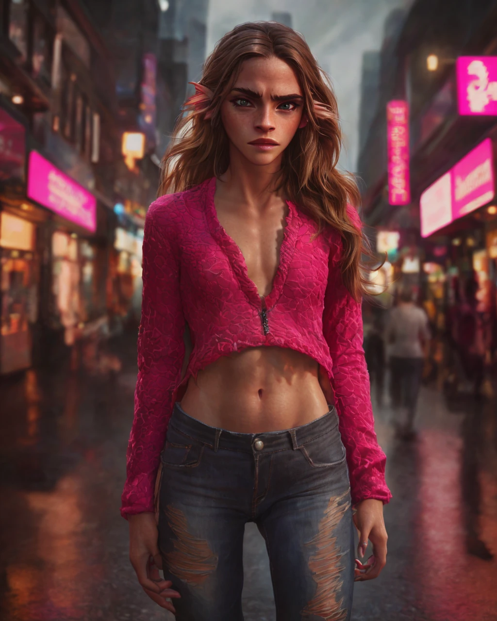 1girl, ewt, Emma watson, beautiful detailed eyes, beautiful detailed lips, extremely detailed eyes and face, long brown hair, pink t-shirt, jeans, standing on a street corner, award winning, intricate details, photorealistic, cinematic lighting, volumetric lighting, depth of field, beautiful face, striking pose, dynamic composition, vivid colors, warm tones, transformation into a dragon