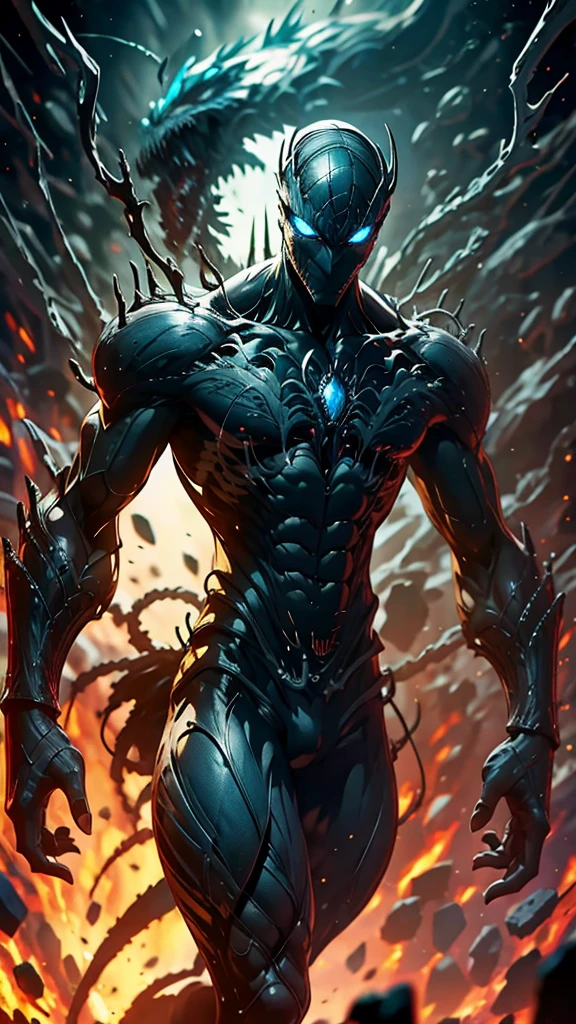 naughty man;
masculine;
brawny;
Platinum colored hair;
long and spiky hair;
bluish gray skin (avatar type);
Plasma veins;
Black colored eyes;
Cao Cao;
space background;
Kaiju humanoid