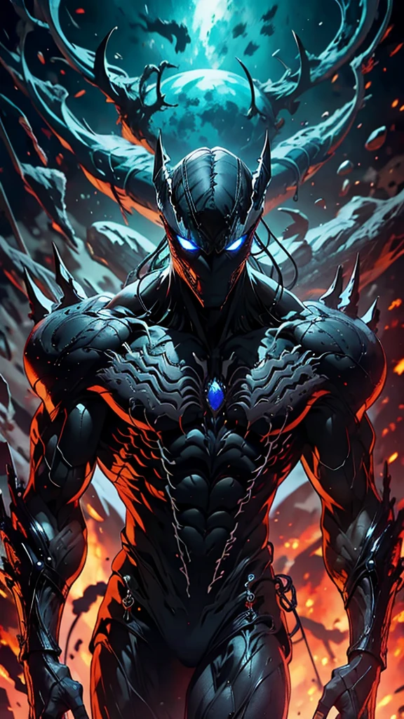 naughty man;
masculine;
brawny;
Platinum colored hair;
long and spiky hair;
bluish gray skin (avatar type);
Plasma veins;
Black colored eyes;
Cao Cao;
space background;
Kaiju humanoid