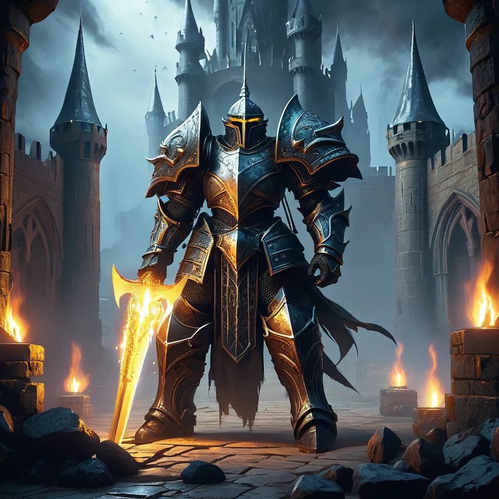 Amidst the towering spires of a medieval dark fantasy castle, a fearsome four-armed humanoid warrior guards an ancient, forbidden artifact. Clad in shimmering armor adorned with arcane symbols, this sentinel's eyes blaze with an otherworldly glow, hinting at both formidable strength and a dark, mysterious purpose. As intruders approach, the castle's ancient stones whisper tales of battles fought and lost, while the warrior's four razor-sharp blades shimmer in the dim torchlight, ready to defend its charge at any cost.