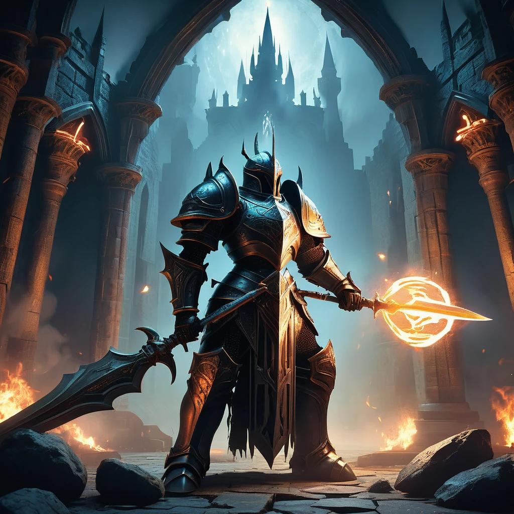 Amidst the towering spires of a medieval dark fantasy castle, a fearsome four-armed humanoid warrior guards an ancient, forbidden artifact. Clad in shimmering armor adorned with arcane symbols, this sentinel's eyes blaze with an otherworldly glow, hinting at both formidable strength and a dark, mysterious purpose. As intruders approach, the castle's ancient stones whisper tales of battles fought and lost, while the warrior's four razor-sharp blades shimmer in the dim torchlight, ready to defend its charge at any cost.