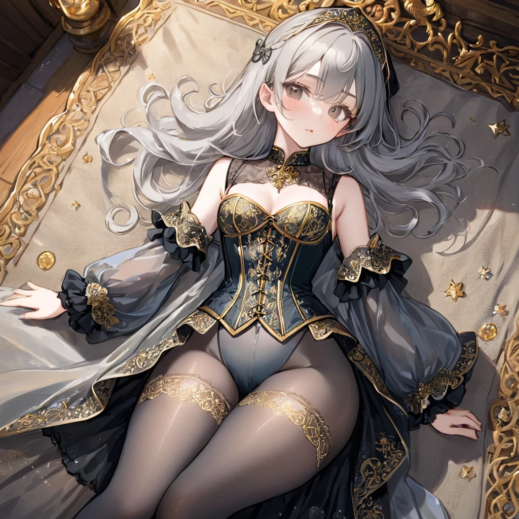Medieval1people々 girl、 Gold and silver embroidery、In underwear、Wearing knee-length semi-transparent bloomers、Wearing a semi-transparent corset、 Grey translucent tights、Lying down