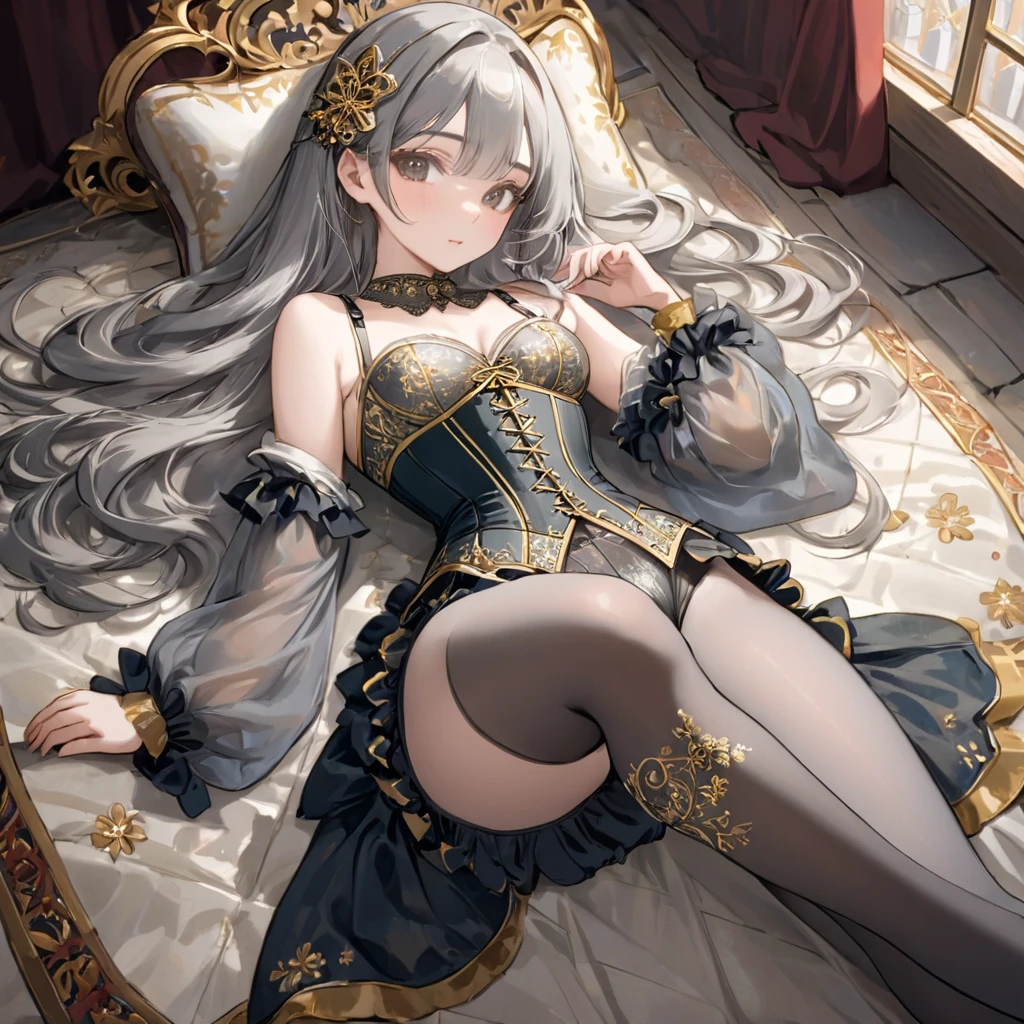 Medieval１people々 girl、 Gold and silver embroidery、In underwear、Wearing knee-length semi-transparent bloomers、Wearing a semi-transparent corset、 Grey translucent tights、Lying down