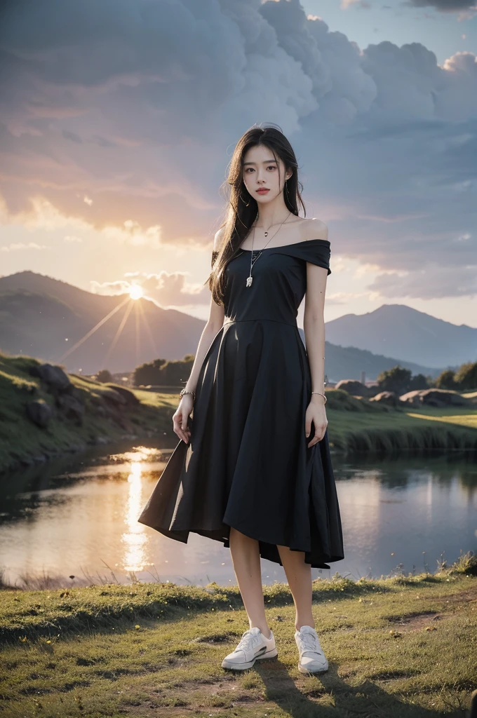 (((best quality))),(((ultra detailed))),(((masterpiece))),illustration,((1 beautiful girl,solo)),((slim,thin,flat chest)),(shoulder length straight hair:1.2),flowing hair,fair skin,(shiny skin:1.3),detailed eyes,laughing,(shirt-dress:1.3),delicate necklace,grass,dewdropletts,trees,bird chirping,serenity,gratitude,awe,wonders of nature,peace,contentment,magnificent world,summer,(pitch-dark dawn:1.5),(night scene:1.3),((full body,from front)),after rain,(wet:1.3),standing,on the path,At the mountaintop,confident gaze,elegant posture,mysterious atmosphere,solemn mood,dawn approaching,detailed decorations,(sunrise:1.3),(cloudy sky:1.2),rainbow,(Rural Landscape:1.2),horizon,slender legs,sneakers,