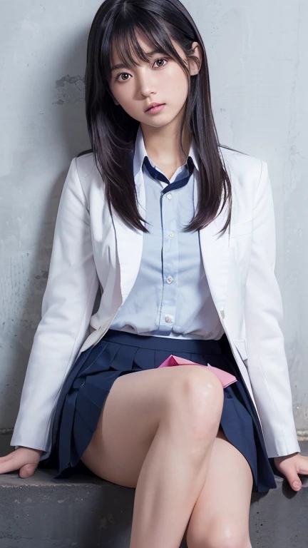 ,((Highest quality)),((最high resolution)),((high resolution)),((detailed)),((High definition)),((8K)),((Perfect body)),((Perfect Face)),((Realistic)),((Real)),((Realistic)),((Beauty)),((Shiny Hair)),((Glowing Skin)),((Very white skin)),((Jet Black Hair)),((school uniform)),((Sitting on the floor)),((classroom)),(((school uniform)),((Shiny thighs)),((Sitting with Knees Up on floor at school spread legs)),Long Hair、Embarrassed look、(showing panties)、((Blushing)),((Panties visible from under the skirt))、Pink Panties、((Dark navy blue skirt))、((Very white shirt))、((dark blue blazer)),((Leaning against a wall))