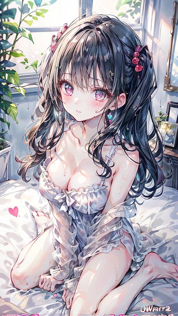 (Best quality, 8k, 32k, Masterpiece, UHD,:1.2),RAW, human, 1girl,ultra cute , ultra cute, natural lighting,transparent shining eyes, 20yo,medium breast ,femur, fair complexion , flushed face, ,breast, embarrassed, , shiny, leaning forward, model posing, nightgown,near windows, at night, bright skin, on bed, from above, wet hair, ((wariza)), emphasizing the Cleavage