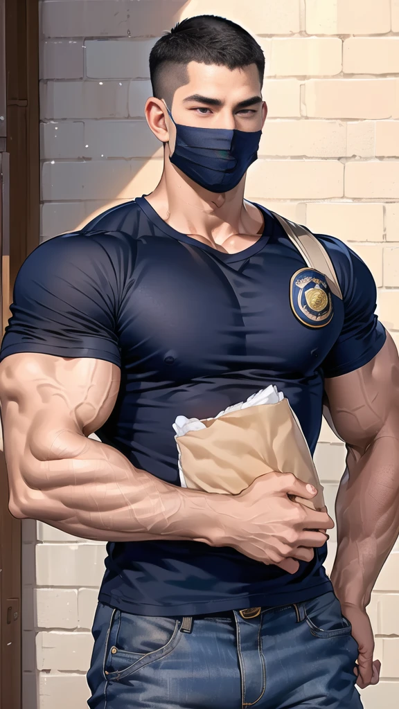 (handsome Man),(crew cut short hair:1.8),black eye,(Wear a fitted round neck t-shirt in navy with a police badge.:1.5),(fit neck),Navy blue jeans,(black_gloves:1.2), Korean guy,chest muscles,large arm muscles,blood vessel,Big muscles,Broad shoulders, (open mouth:1.2),(face up:1.2),(open eyes:1.5), middle of the road,smile,(backpack:1.3), In front of the bread shop ,(Cotton Mask:1.3