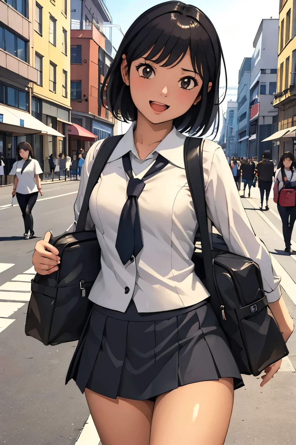 masterpiece, Highest quality, One High School Girl 10.0,Very detailed,Rin々Nice face,Open Mouth Smile,Black eyes,Legs visible through a short skirt,Natural Beauty,Cinematic,Medium chest,Walking in the downtown area,Carrying a backpack