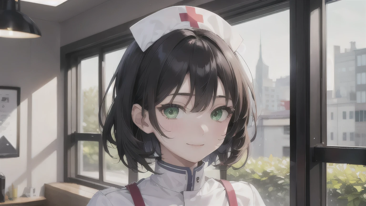 One Girl,20-year-old,Beautiful Face,Upper Body,Medium Sidecut, Black Hair, Sharp focus,White nurse uniform、A shy smile、Gentle eyes、Droopy eyes、Green Eyes