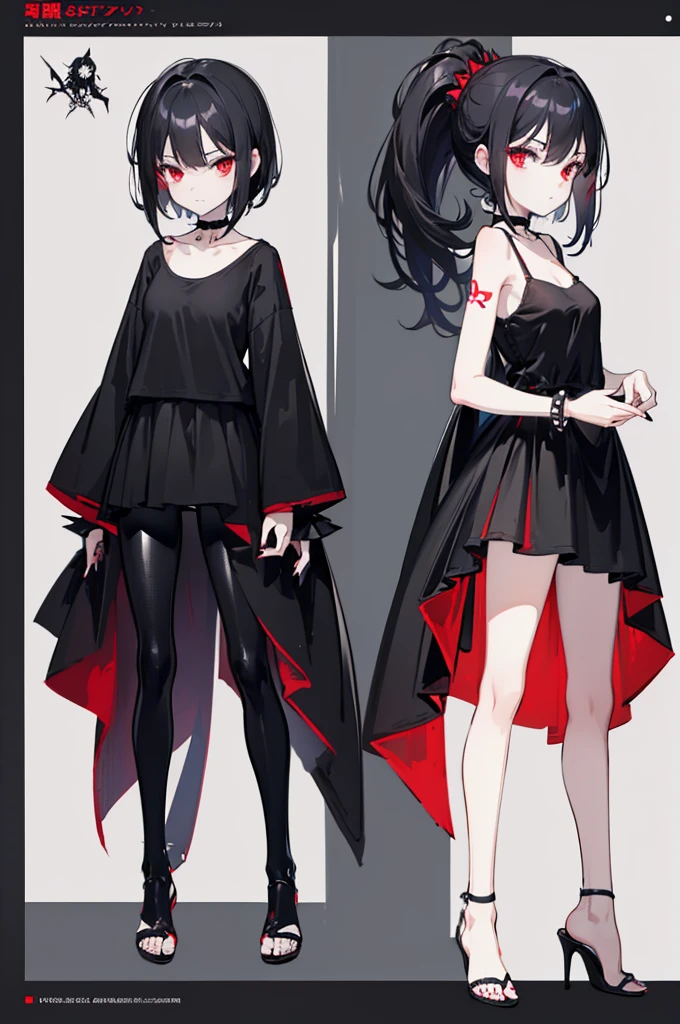 (full body) (same character front, back, side view) (model sheet) (multiple views of the same character), beautiful red eyes, anime woman, perfect anatomy, delicate face, short black hair, skin very white, black nails, black lips, wearing black leggins, small black t-shirt, black choker with spikes, black bracelets