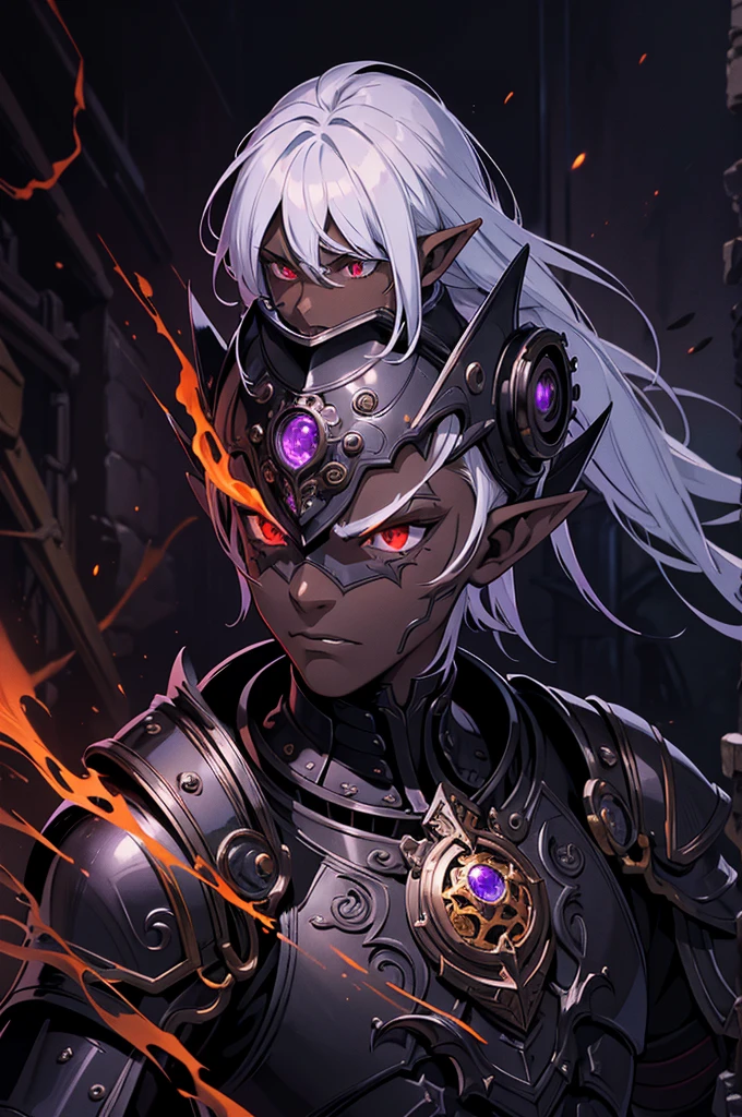 masterpiece, best quality, ultra high res, dark theme, 1boy, (dungeonpunk armor), (mechanical steampunk armor), (wearing armor), fantasy illustration, dark skinned, human, upper body, portrait, red eyes, long white hair, half-drow, pointy ears, serious face, young man, dramatic lighting, purple hue, art by Kinema Citrus