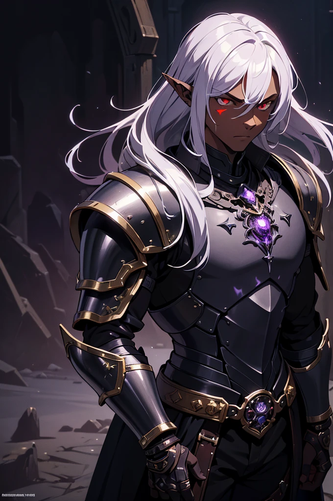 masterpiece, best quality, ultra high res, dark theme, 1boy, (dungeonpunk armor), (mechanical steampunk armor), (wearing armor), fantasy illustration, dark skinned, human, upper body, portrait, red eyes, long white hair, half-drow, pointy ears, serious face, young man, dramatic lighting, purple hue, art by Kinema Citrus