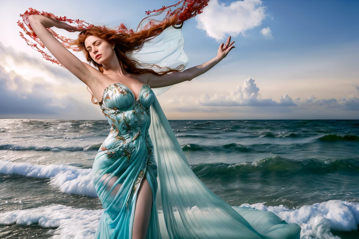 dramatic mythological scene, standing out from the wavy stormy sea with waist up, sexy beautiful perfect shape, full body Greek goddess Persephone's, red long wavy hair, green eyes red lips big breast, white gold embroidered translucent airy dress, gold silver jewelry, hair body clothes wet,