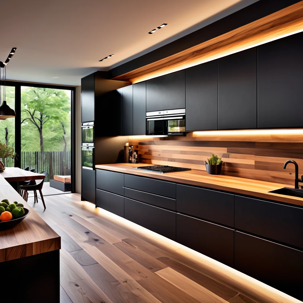 Design a sleek and modern kitchen with a minimalist aesthetic. The kitchen features black cabinets and a wooden countertop with matching wooden backsplash. Integrated lighting under the cabinets and at the base of the cabinetry creates a warm and inviting glow. The space includes modern appliances, such as a built-in oven and a sleek black sink. The flooring is wooden, complementing the warm tones of the countertop and backsplash. The overall design is elegant and contemporary, with clean lines and a functional layout.