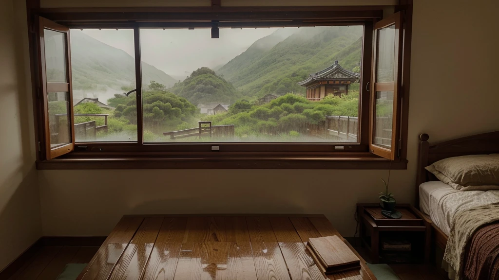 This image depicts the interior of a cozy bedroom with large windows showing a rainy scene in a traditional Korean village. The room is softly lit, creating a calm and peaceful atmosphere. There is a plant on a small wooden table, and a traditional Japanese lamp next to the table provides warm light. The view through the window includes wooden buildings, lush greenery, and heavy rain streaming down the window.