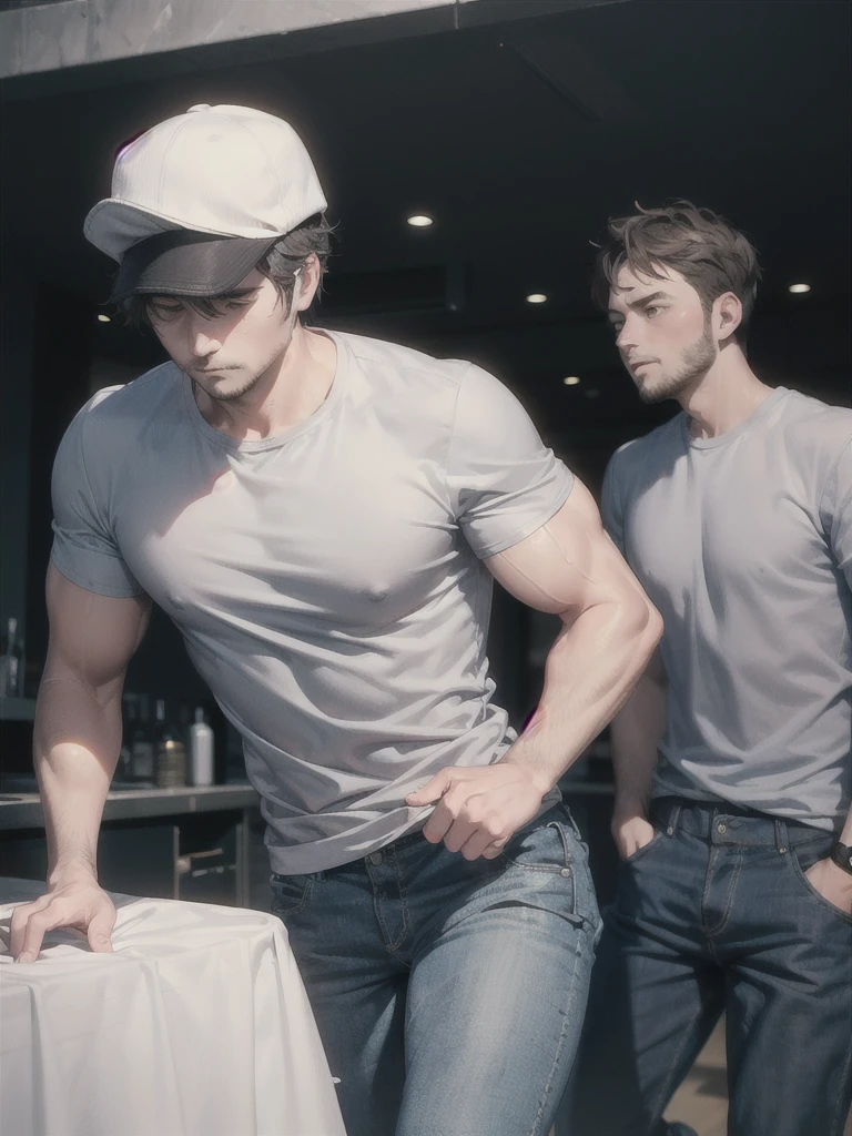 30-year-old man, tired eyes and dark circles, dark-skinned, loose clothing, gray shirt, blue pants, black hat, muscular, tired of life.