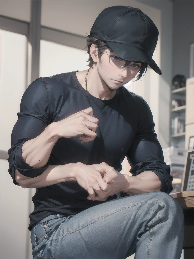 30-year-old man, tired eyes and dark circles, dark-skinned, tattered clothes, gray shirt, blue pants, black hat, muscular, drunk.