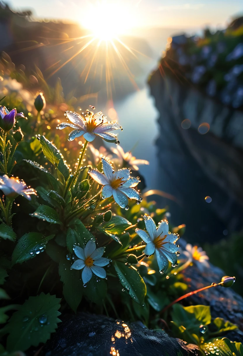 Intricate details, detailed, realism,The first rays of sunlight in the morning,Dew drops on flowers on the cliff,(sunrise,Lens Flare),Nice photos,HD Wallpapers,Natural light, dramatic, Source reality,,Dreamy and soft
