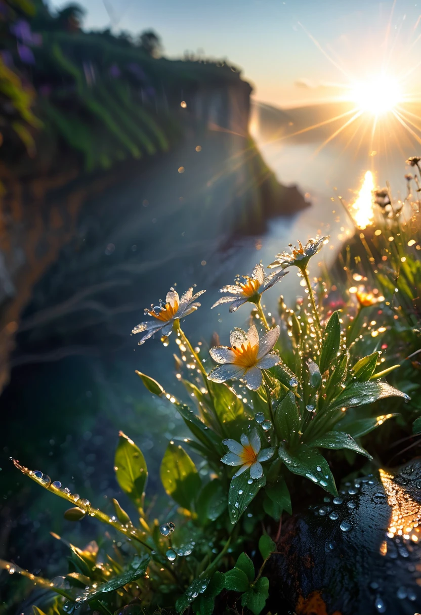 Intricate details, detailed, realism,The first rays of sunlight in the morning,Dew drops on flowers on the cliff,(sunrise,Lens Flare),Nice photos,HD Wallpapers,Natural light, dramatic, Source reality,,Dreamy and soft