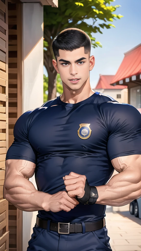 1 man,(Skinheads hairstyles) ,black eye,(Wear a fitted round neck t-shirt in navy with a police badge.:1.3),(fit neck),Navy blue jeans,(black_gloves), Korean guy,chest muscles,large arm muscles,blood vessel,Big muscles,Broad shoulders, smile, middle of the road,(In the desert:1.2),(full_shot:1.6),(ร้านขนมปัง:1.2),