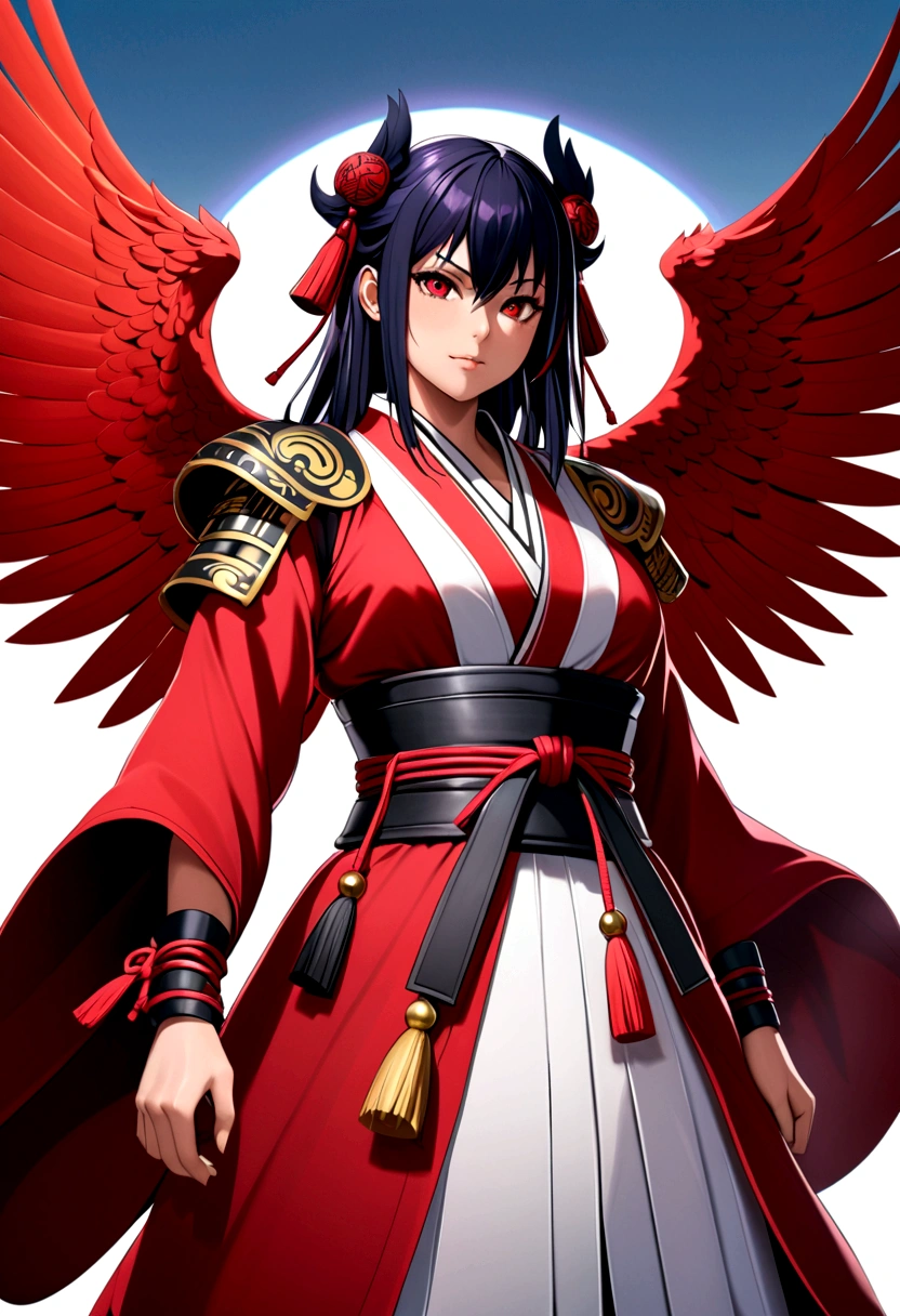 masterpiece, best quality, Extremely detailed, CG Illustrations, high resolution, Better lighting, The best shadow, Extremely refined, Proper shade, HD, 8K, Ray Tracing, Ultra-detailed and clear background, Perfect lighting, Anime style, Inspired by games《Magic King of Fighters》: Ruby House (Tengu, Winged Mountain God, Provocation, Red and White), strength, Samurai Punk, Solitary, 1 female, Black Hair, Red Eyes,  aldult, Belt tassels,
