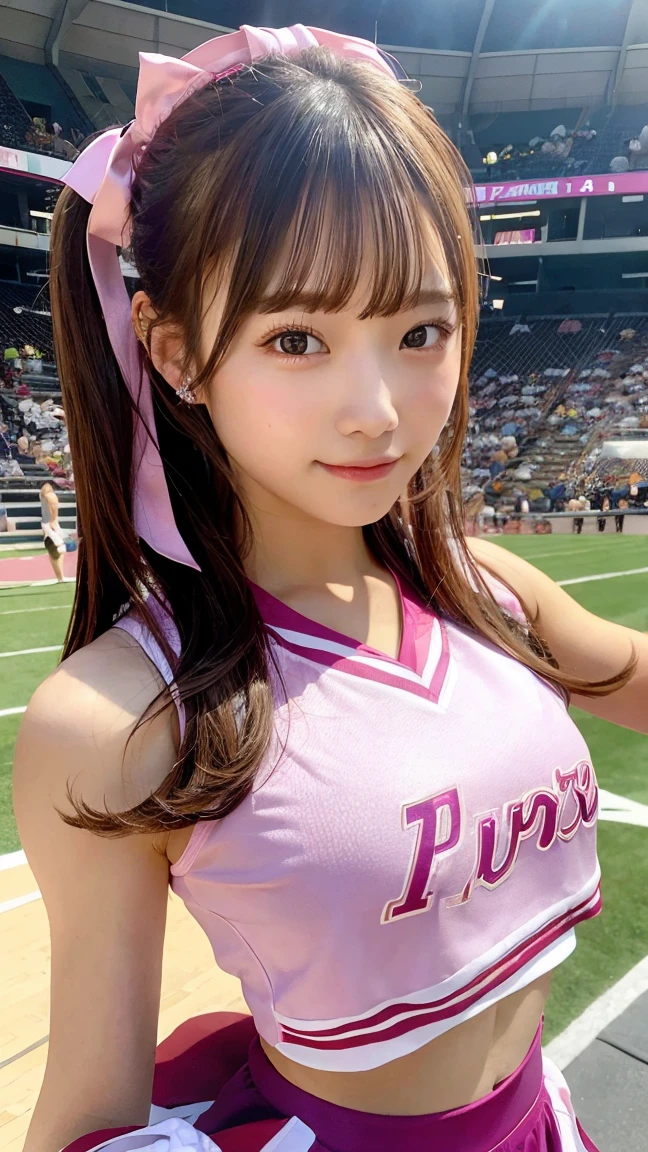best quality, masterpiece, 1girl, cheerleader, pink uniform, cheering, upper body