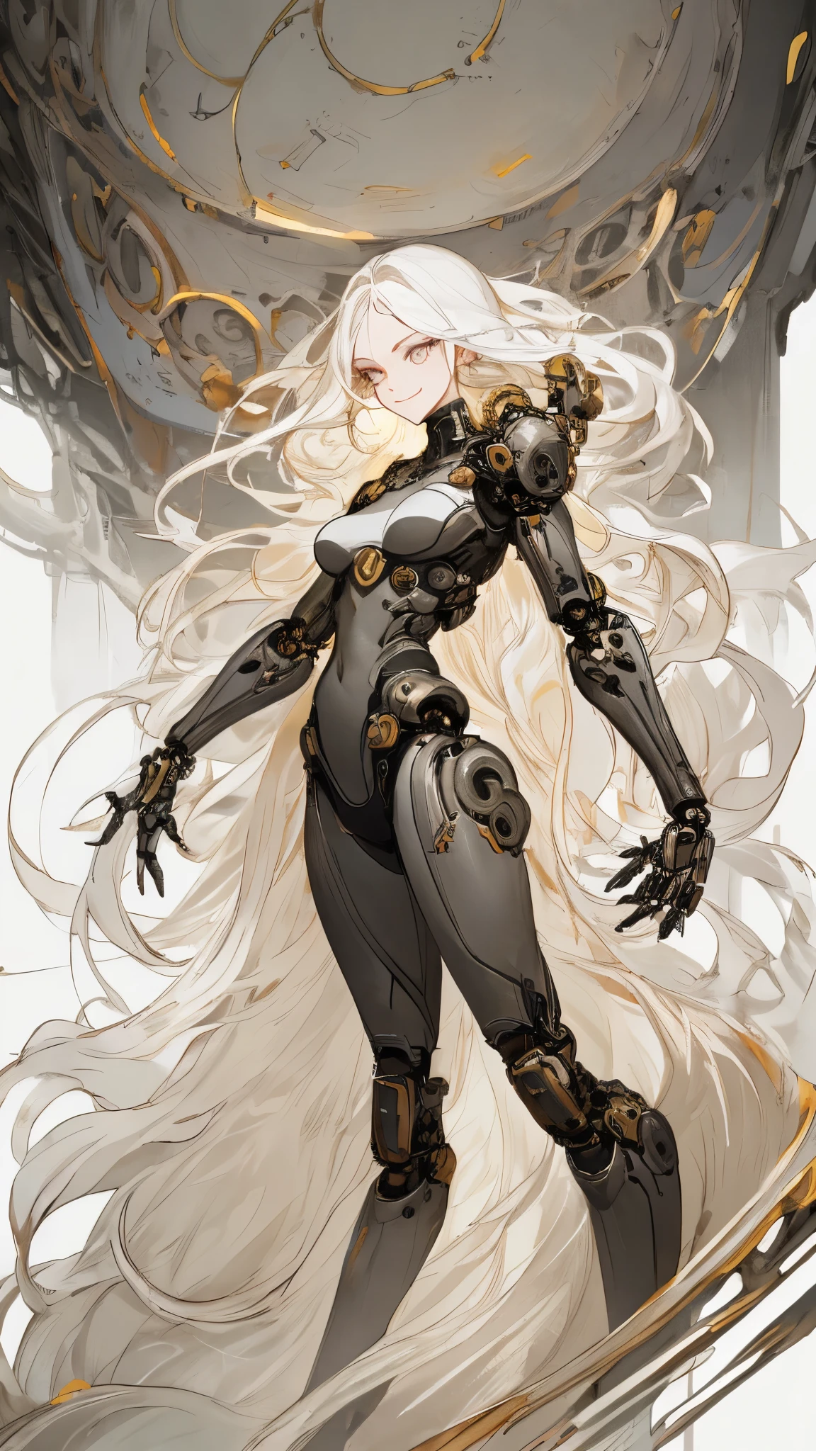 masterpiece， highest quality， Observe the audience， length Hair， Fresh， （Straight Hair：0.7），
White Theme， （（（（Grey Ruins，）））），Human whole body，Sheer leotard，Front view，Golden Eyes，Bright pupils，length, 真っ白なStraight Hair，Small breasts、A light smile，（Full Shot），Ultra-high resolution，Accurate，Very detailed，Awards，Attention to detail，highest quality，8k、High Leg、Mysterious、Quiet abandoned cityscape、mechanical、Beautiful Abuscular、See-through、