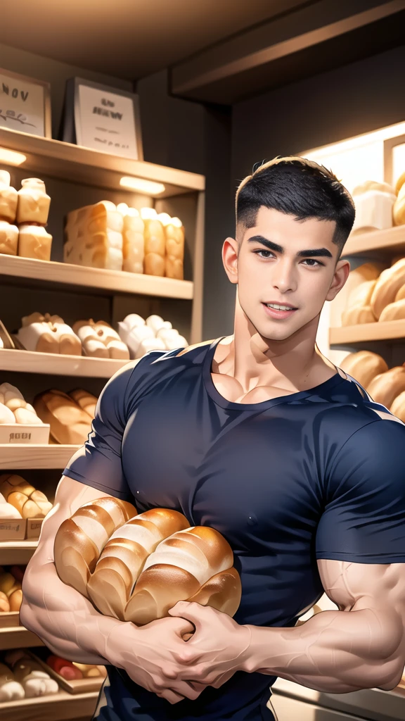 (handsome Man),(crew cut short hair:1.8),black eye,(Wear a fitted round neck t-shirt in navy with a police badge.:1.5),(fit neck),Navy blue jeans,(black_gloves:1.2), Korean guy,chest muscles,large arm muscles,blood vessel,Big muscles,Broad shoulders, (open mouth:1.2),(face up:1.2),(open eyes:1.5), middle of the road,smile, In the bread shop, (bread in hand)