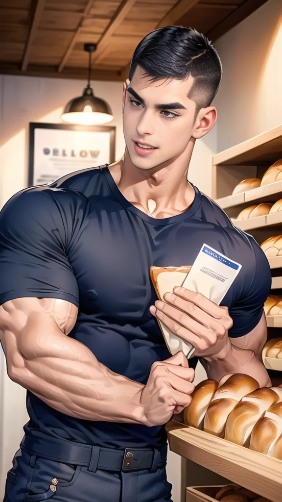 (handsome Man),(crew cut short hair:1.8),black eye,(Wear a fitted round neck t-shirt in navy with a police badge.:1.5),(fit neck),Navy blue jeans,(black_gloves:1.2), Korean guy,chest muscles,large arm muscles,blood vessel,Big muscles,Broad shoulders, (open mouth:1.2),(face up:1.2),(open eyes:1.5), middle of the road,smile, In the bread shop, (bread in hand)