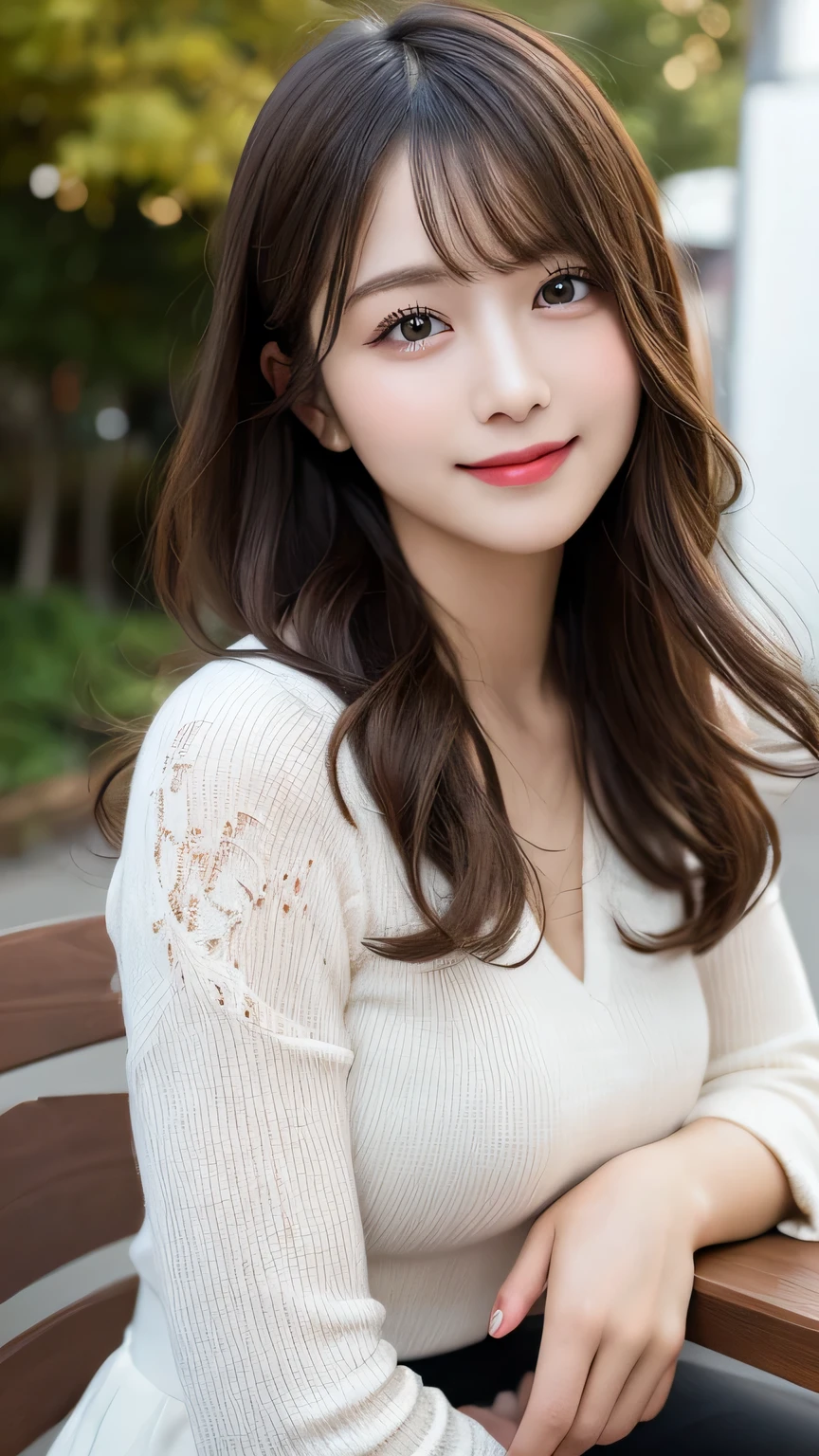 Tabletop, Highest quality, figure, Super detailed, In detail, High resolution, 8k wallpaper, Perfect dynamic composition, Beautiful attention to detail, Autumn fashion for women,Wavy Hair,small 、Natural color lip, Bold sexy pose,smile,Harajuku、20-year-old girl、cute、sexy shot looking at camera