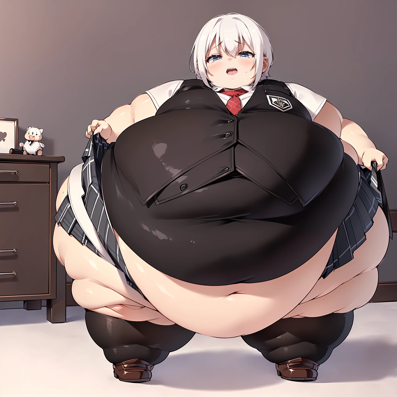 (((baby))), (((little cutie))), (((short stature))), (((White shirt, vest, vest negro, tie, Short skirt, Masterpiece, 4k ))), ((white hair with fringe)), ((chubby)), (((Obese))), ((Fat face)), (((big belly))), (((Open mouth))), fat and wide thighs, belly, (((tender pose ))), (((in a room))), detailed background, ((full body image)), (((fat rolls))),