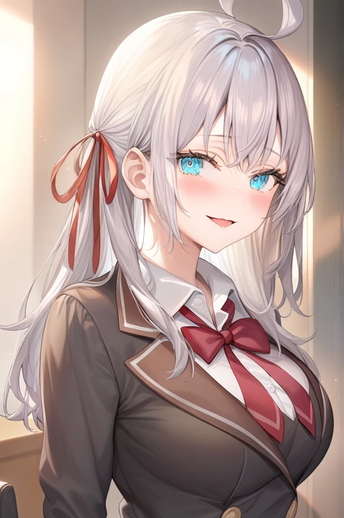 ((masterpiece)),((Highest quality)),High resolution,Extremely detailed CG,Perfect lighting,8k wallpaper, One Girl,,Silver Hair,Very long hair,Light blue eyes,looking at the camera, Alisa Mikhailovna Kujou 、Large Breasts、Smiling、Blazer uniform、