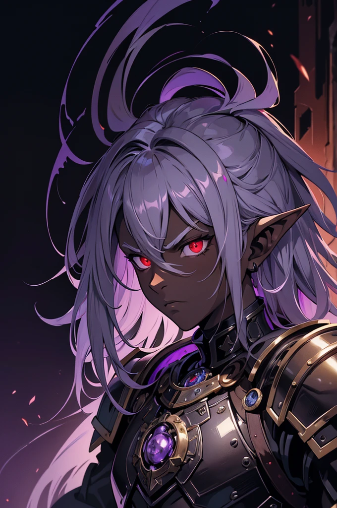 masterpiece, best quality, ultra high res, dark theme, 1boy, (dungeonpunk armor), (mechanical steampunk armor), (wearing armor), fantasy illustration, dark skinned, human, upper body, portrait, red eyes, long white hair, half-drow, pointy ears, serious face, young man, dramatic lighting, purple hue, art by Kinema Citrus