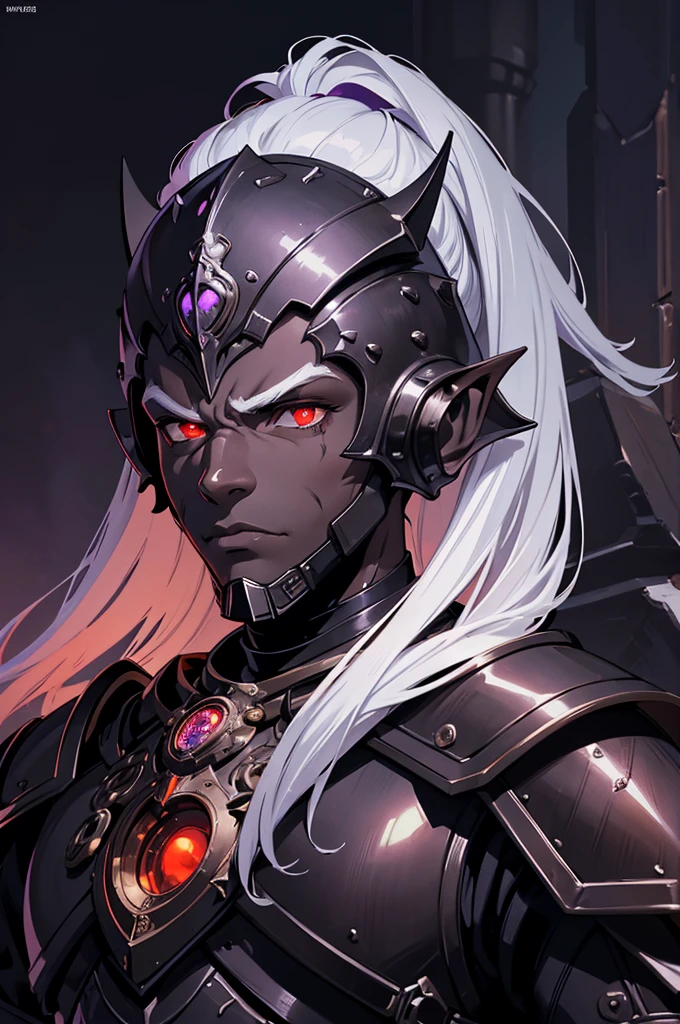 masterpiece, best quality, ultra high res, dark theme, 1boy, (dungeonpunk armor), (mechanical steampunk armor), (wearing armor), fantasy illustration, dark skinned, human, upper body, portrait, red eyes, long white hair, half-drow, pointy ears, serious face, young man, dramatic lighting, purple hue, art by Kinema Citrus