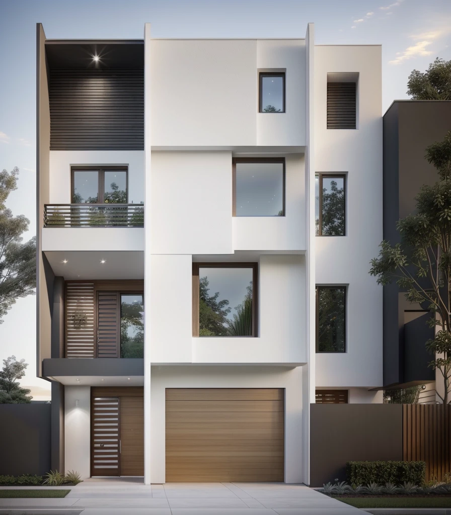 townhouse, (modern style:1.2), exterior design, perspective, (white wall:1.3), wooden ceiling, open roof, (blocking sidewalks and asphalt roads), (real sky background), trees low around the house, overall peaceful cinematic photo atmosphere, (Neutral lighting suitable for modern villas, bright color thermometer lighting), (architectural design visualization), (reflection), (focus on object), (real reflective collision normal material), (scattered light), (light beam), (multi-beam light), (sunbeam) (multi-level reflection), (Visual rendering software Corona:1.2),((Best quality))), ((Masterpiece)), ((best illustration) ), ((best shadow)), ((Super detail)), (Intricate Lines), (Photorealism),(super detail), ((archdaily)), ((award winning design)), (dynamic lighting), ( (day)), focus, (perfect light), (shimmer), ((photorealistic)), ((intricate detail)), ((extremely detailed)), ((scientific)), ( (hyper detail)) , ((hyper detail)), ((hyper realistic)), ((insane detail)), ((octane rendering)), ((Cinematic)), ((coin artstation direction)), ((High Fidelity)) , ((Vivid)), ((Sharp)), ((Bright)), ((Gorgeous)), ((Eye-catching)), ( (High quality)),((Sharp))((Bright) ), ((Gorgeous)), ((Natural sunlight)), ((Eye-catching)), ((Lighting)), ((Perfect)), ((High quality)),((Sharp edge rendering) ), ((medium soft lighting)), ((render image)), ((Archviz detail)), ((realistic environment)), (modern townhouse design facade architectural design), (modern townhouse facade roof design), (modern townhouse facade wall design), ( Modern townhouse facade decoration material design) (modern townhouse facade door and window design), (environmental lighting design), (modern townhouse facade lighting design), (modern townhouse front gate and fence design), (trees) townhouse facade decoration design), (Gate pole lamp design, fence), (townhouse facade railing design)