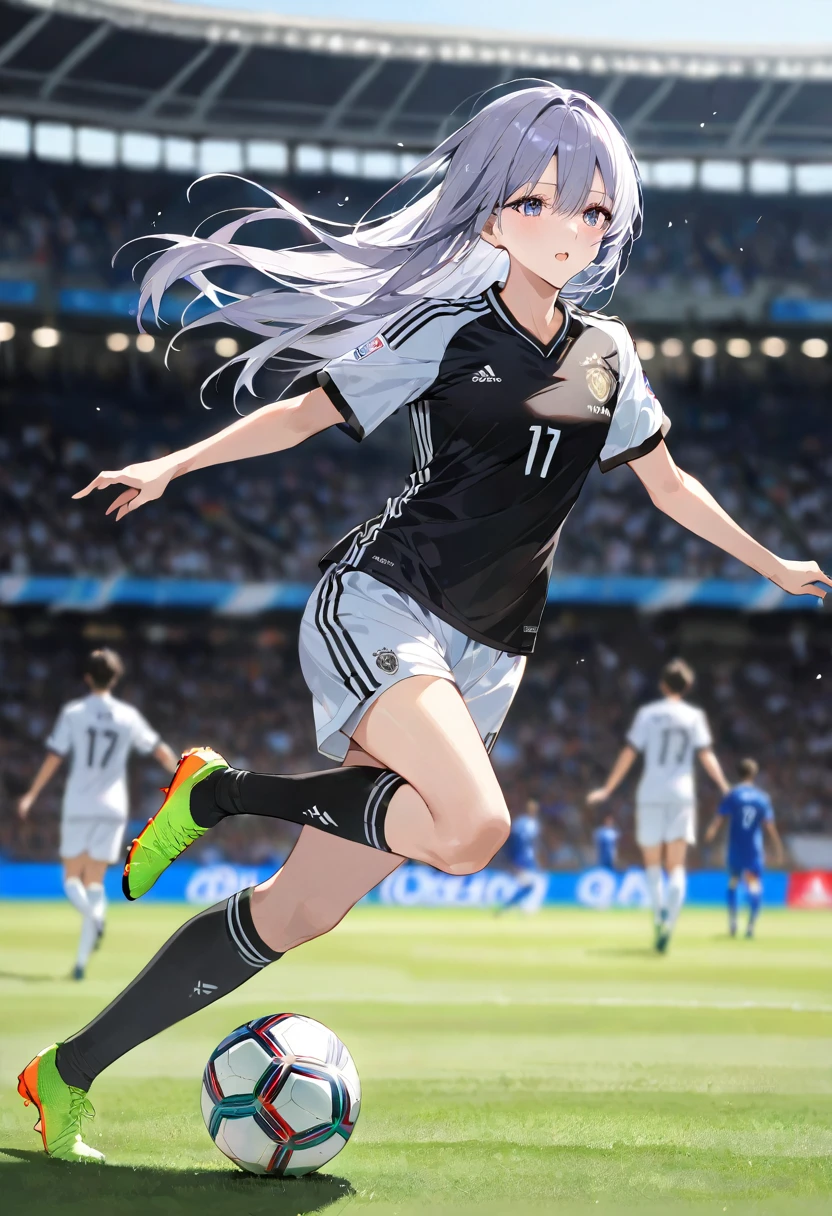 masterpiece, best quality, ultra detailed, sparkling eyes, beautiful detailed eyes, The character is captured in the middle of a soccer game, possibly in the midst of a kick or dribble. They are wearing a white and black soccer uniform, complete with shorts, a jersey, and cleats. Their long hair is flowing behind them, adding a sense of motion and energy to the scene. The background of the image shows a blurred stadium filled with seats, suggesting that the setting is a soccer match. The blurring effect gives depth to the image and puts the focus on the character in the foreground.