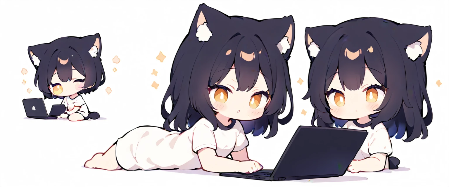 He is lying on the white floor and operating a laptop with a blank look on his face.、She was wearing a plain white long T-shirt and had straight black hair down to her waist.、A girl with cat ears who is black on the outside and white on the inside、One person、One personだけ、An illustration