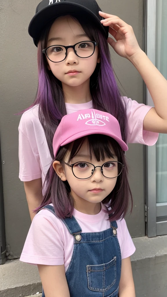 A 10 year old girl wearing glasses、Dye your hair purple、The glasses are thick and black.、Keep your bangs wide open、「ARARE」Wearing a pink cap with &quot;、The feathers on the cap are white and there is one on each side.、Wearing a red T-shirt and overalls、The foldover of the T-shirt is yellow、