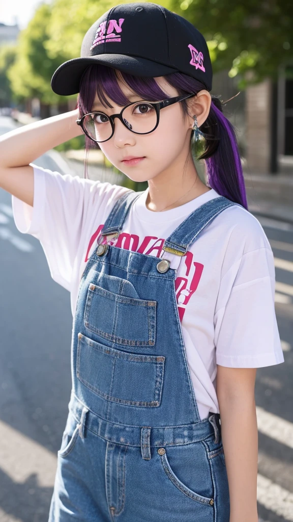 A 10 year old girl wearing glasses、Dye your hair purple、The glasses are thick and black.、Keep your bangs wide open、「ARARE」Wearing a pink cap with "、The feathers on the cap are white and there is one on each side.、Wearing a red T-shirt and overalls、The foldover of the T-shirt is yellow、