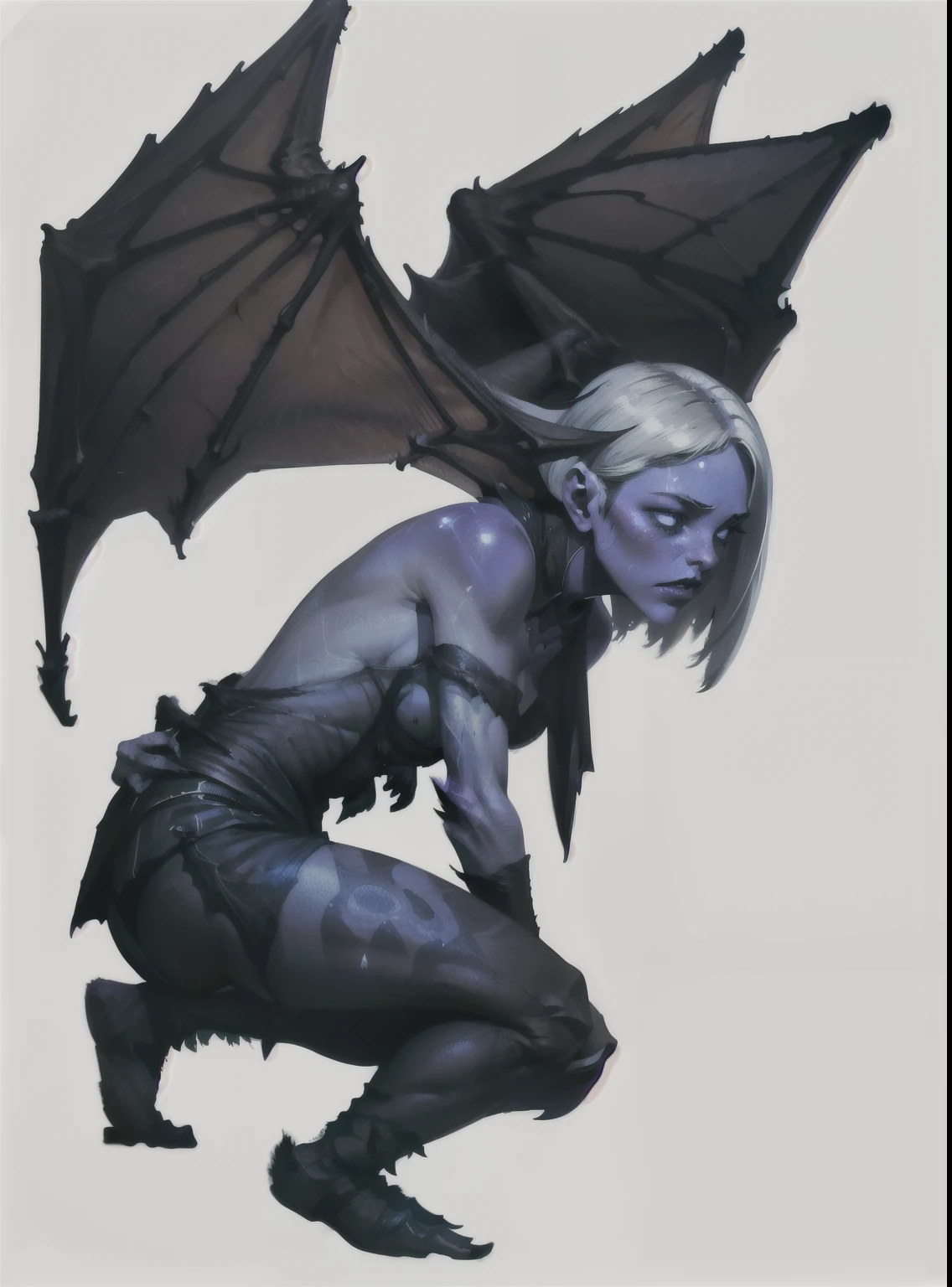 I would like a herald on a white background, with black shadows enveloping your entire body, and a girl squatting with bat wings on her back. two wings on his back and a black cloth on his face, fix the face that appeared on your chest, and the feet are deformed