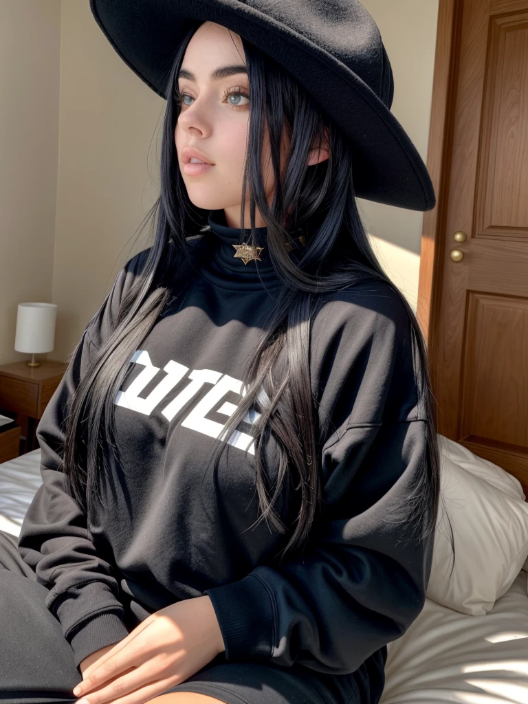 there is a woman with long black hair sitting on a bed, black hair girl wearing sweatshirt, she is wearing streetwear, large breasted, profile image, billie eilish, with black hat on head, serious face, 1 23 year old goth girl, wearing a choker and a cute hat, large breasted