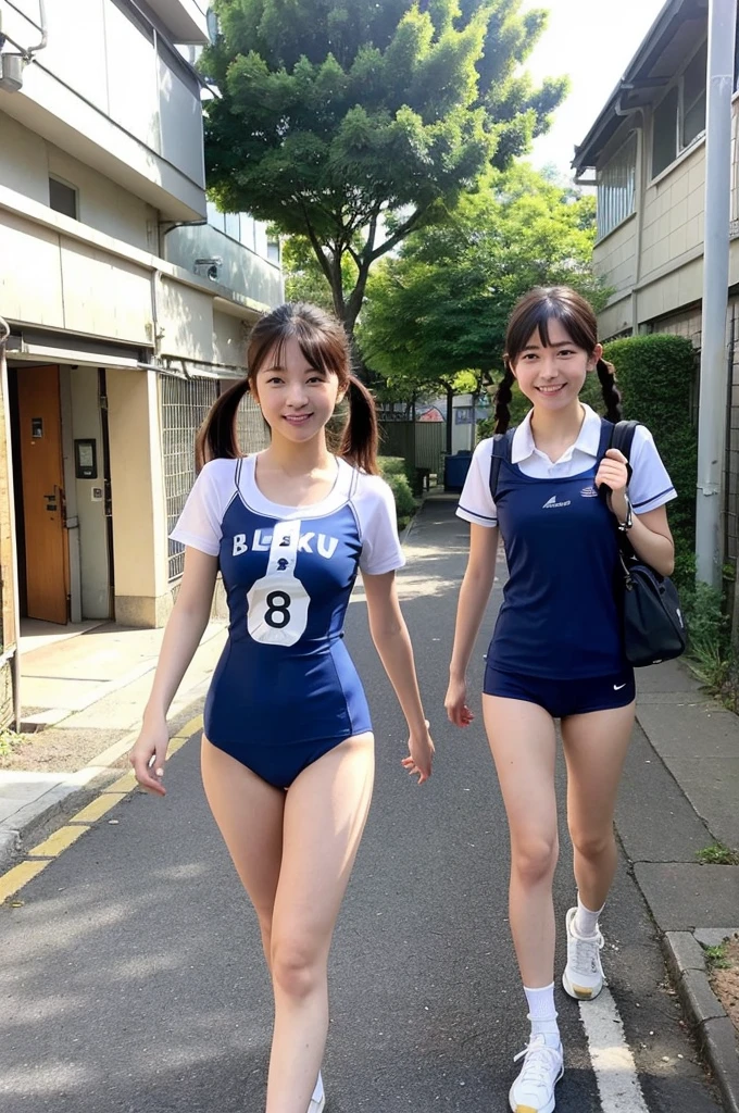 ((Ponytail girl in pink school swimsuit)),ager,smiling,walking,cheerful school gym