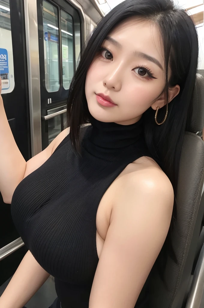adult plump woman,black hair,25 years old,make up,fair skin,thick arms,huge breasts,upperbody,close up,at train,sleeveless and turtleneck knit top,