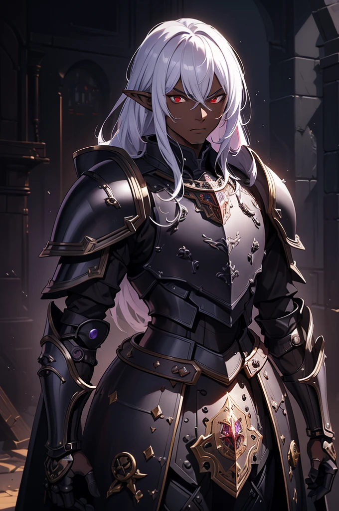 masterpiece, best quality, ultra high res, dark theme, 1boy, (dungeonpunk armor), (mechanical steampunk armor), (wearing armor), fantasy illustration, dark skinned, human, upper body, portrait, red eyes, long white hair, half-drow, pointy ears, serious face, young man, dramatic lighting, purple hue, art by Kinema Citrus