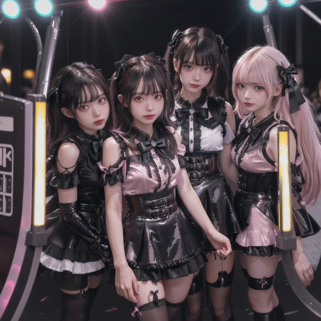 8K resolution, surreal, Super detailed, high quality, perfect anatomy, jammed, (7 girls)++, group shot, grin, smiling, Phenomenally cute, perfect proportion, full body, (((shiny black latex, shiny pink satin, jirai fashion, short dress with many frills, Lace, micro mini skirt, bow ribbon)))+, (((bleached hair)))+, ((large breasts)), ((crowded with girls)), ((At the middle of most crowded Shibuya Scramble Crossing at late night:1.2)), ((see-through black thighhighs))+, looking at viewer