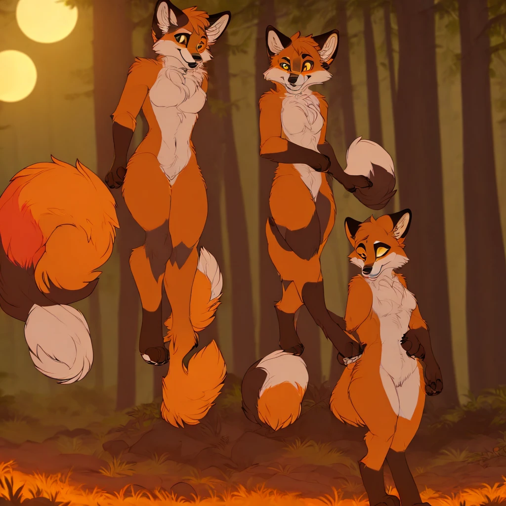 Female fox, furryfemale, ((The whole body is fur)), ((fluffy anthro)), yellow fur, fluffy body hair, fluffy tail, walking in the woods at night, moonlight, smiling