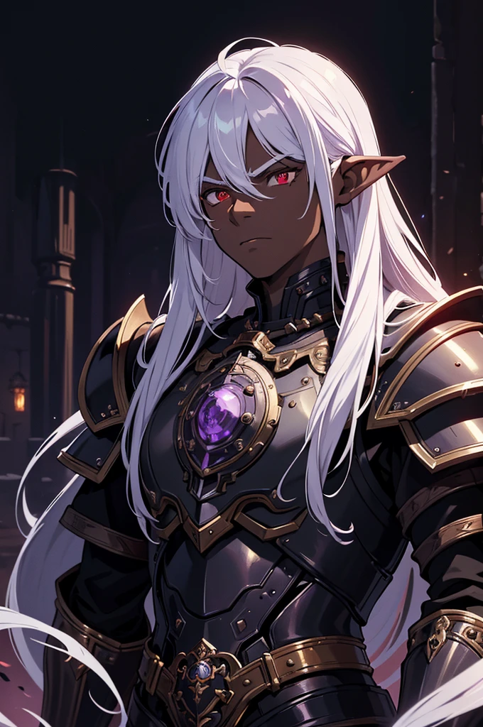 masterpiece, best quality, ultra high res, dark theme, 1boy, (dungeonpunk armor), (mechanical steampunk armor), (wearing armor), fantasy illustration, dark skinned, human, upper body, portrait, red eyes, long white hair, half-drow, pointy ears, serious face, young man, dramatic lighting, purple hue, art by Kinema Citrus