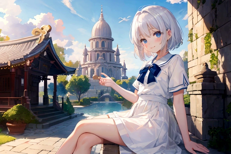masterpiece, 最high quality, high quality, Highly detailed CG uniform 8k wallpaper, sunlight, Shiny Hair, Blurred eyes, Temple, Beautiful sky, cloud, One girl, 10 year old girl, Little, Fairy, Baby Face, Cute face, Beautiful Face, blush, smile, Short white hair, blue eyes, White dress without sleeves, Underarm, Tig, Sitting