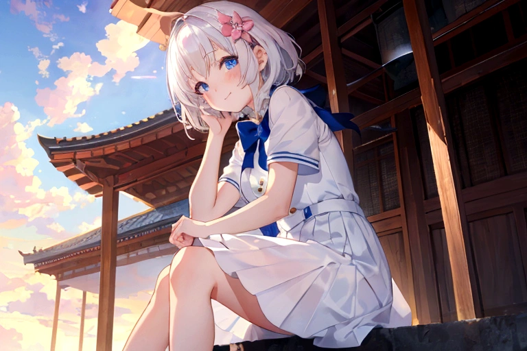 masterpiece, 最high quality, high quality, Highly detailed CG uniform 8k wallpaper, sunlight, Shiny Hair, Blurred eyes, Temple, Beautiful sky, cloud, One girl, 10 year old girl, Little, Fairy, Baby Face, Cute face, Beautiful Face, blush, smile, Short white hair, blue eyes, White dress without sleeves, Underarm, Tig, Sitting