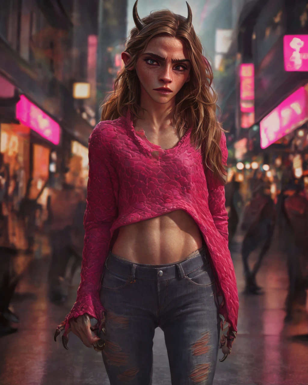 1girl, ewt, Emma watson, beautiful detailed eyes, beautiful detailed lips, extremely detailed eyes and face, long brown hair, pink t-shirt, jeans, standing on a street corner, award winning, intricate details, photorealistic, cinematic lighting, volumetric lighting, depth of field, beautiful face, striking pose, dynamic composition, vivid colors, warm tones, transformation into a dragon